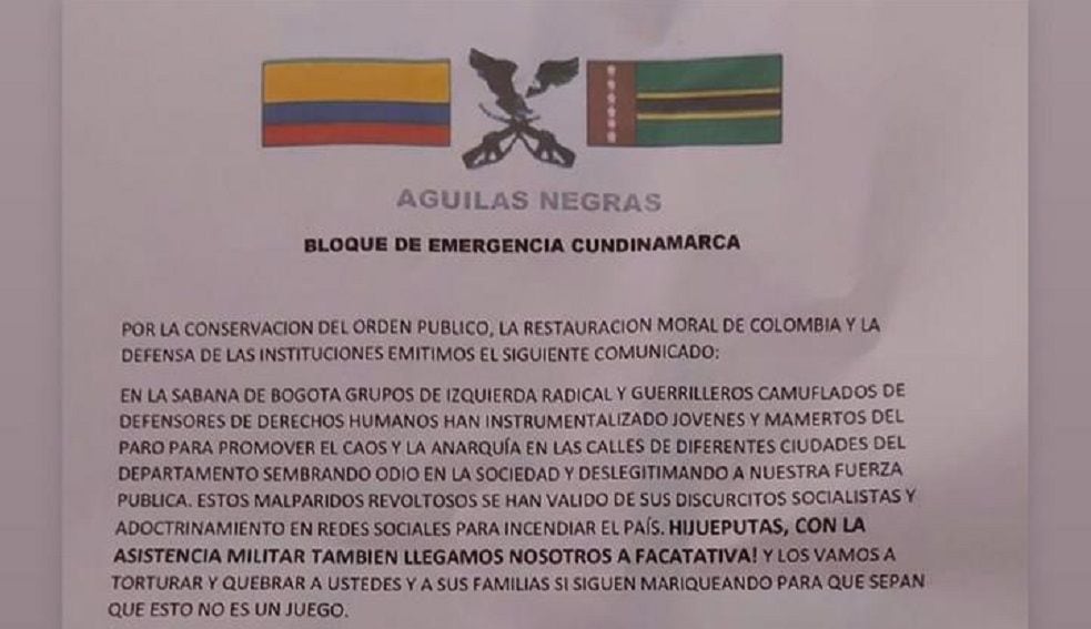 Los vamos a quebrar”: panfleto de las 'Águilas Negras' contra manifestantes  en Facatativá | EL ESPECTADOR