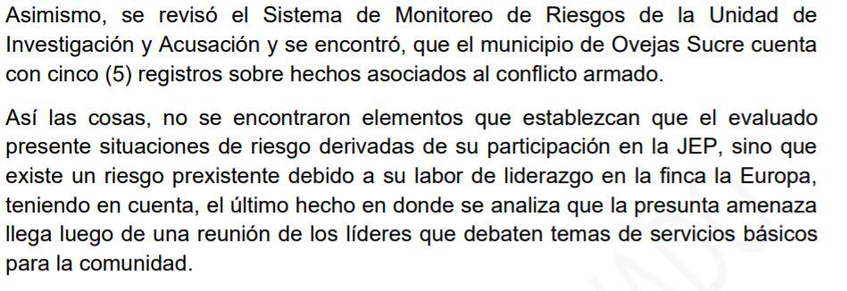 Resolución de la JEP en la que se levanta el esquema de protección de Andrés Narváez, el 21 de mayo de 2021.