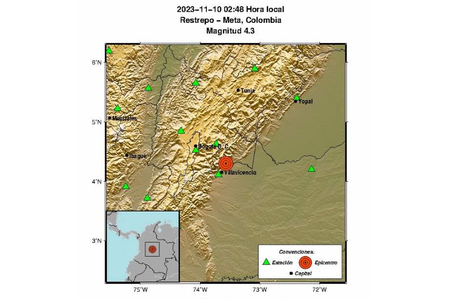Temblor registrado en Restrepo (Meta) en la madrugada del viernes (10 de noviembre).