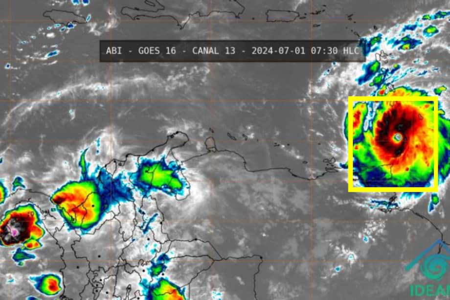 Así se veía el huracán Beryl en una imagen satelital tomada a las 7:30 a.m. de este lunes, 1º de julio.