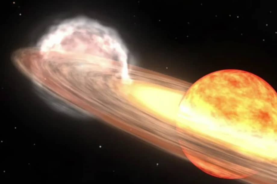 Animación de una nova similar a T Coronae Borealis, compuesta por una estrella gigante roja y una enana blanca que orbitan entre sí. 
NASA/Goddard Space Flight Center