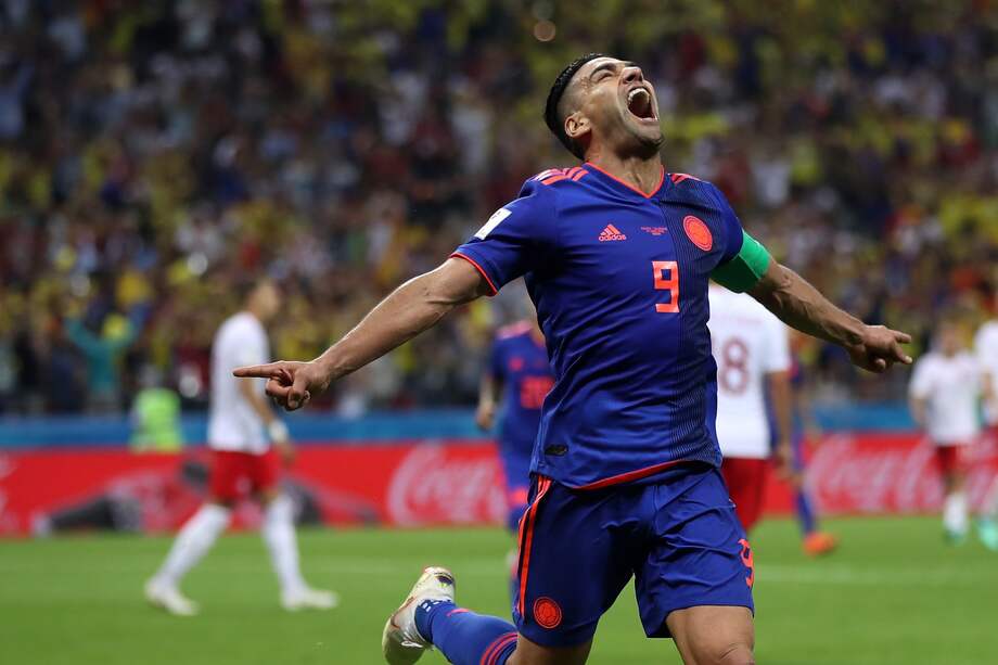 Radamel Falcao celebrando su primer gol con la selección de Colombia en un Mundial durante Rusia 2018.