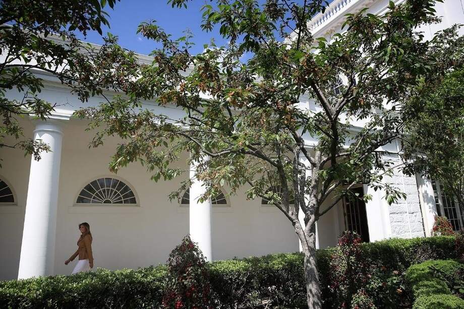 La primera dama de Estados Unidos, Melania Trump, vista sobre los alrededores del Rose Garden en la Casa Blanca.