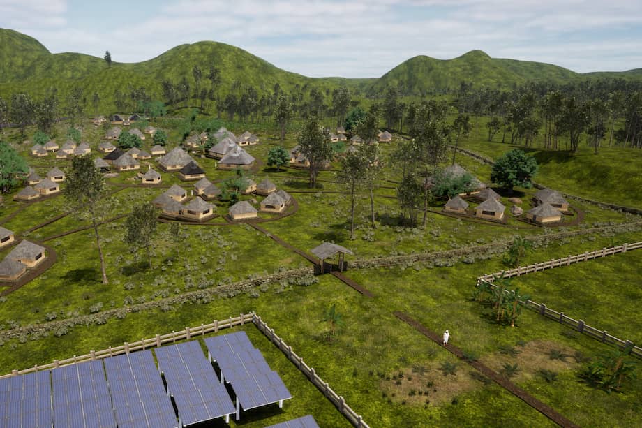 El proyecto contempla la construcción de una aldea arhuaca para 45 familias, como se aprecia en uno de los modelos 3D de Terra Initiative.