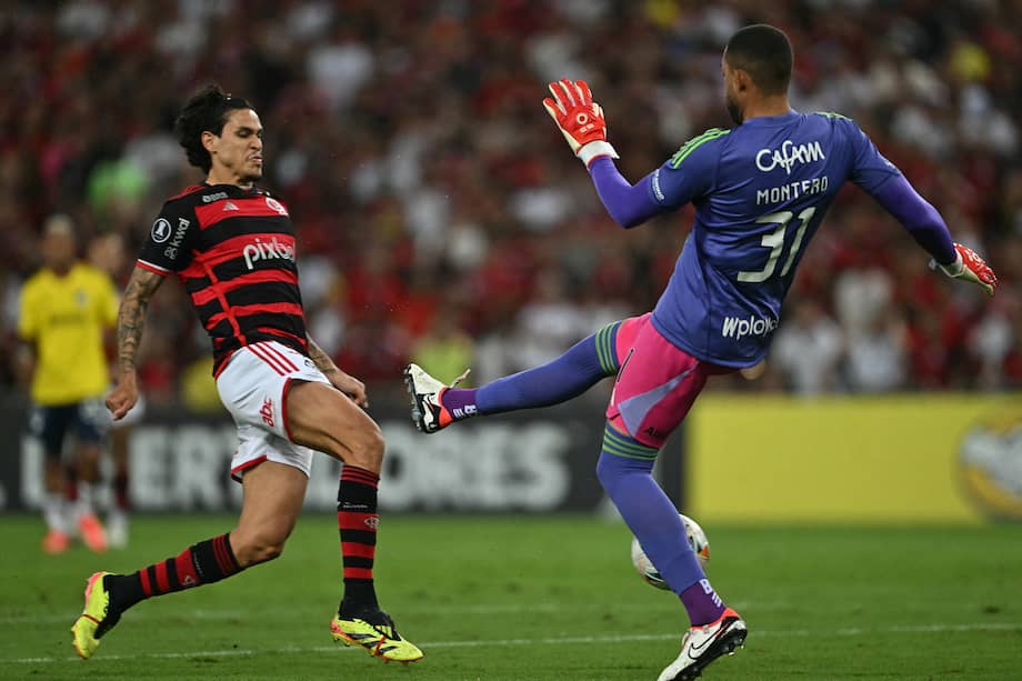 El delantero del Flamengo, Pedro (izq.), anota un gol durante el partido de fútbol de vuelta de la fase de grupos de la Copa Libertadores entre el Flamengo de Brasil y los Millonarios de Colombia en el Estadio Maracaná de Río de Janeiro, Brasil, el 28 de mayo de 2024.