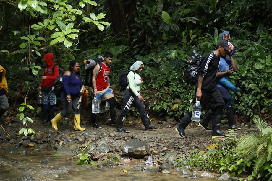 Migrantes caminan el 8 de octubre de 2022 en el Tapón del Darién (Colombia). 