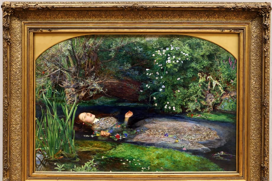 John Everett Millais pintó la escena de la muerte de Ofelia en la obra de Shakespeare, en la que utilizó a Elizabeth Siddal como modelo.