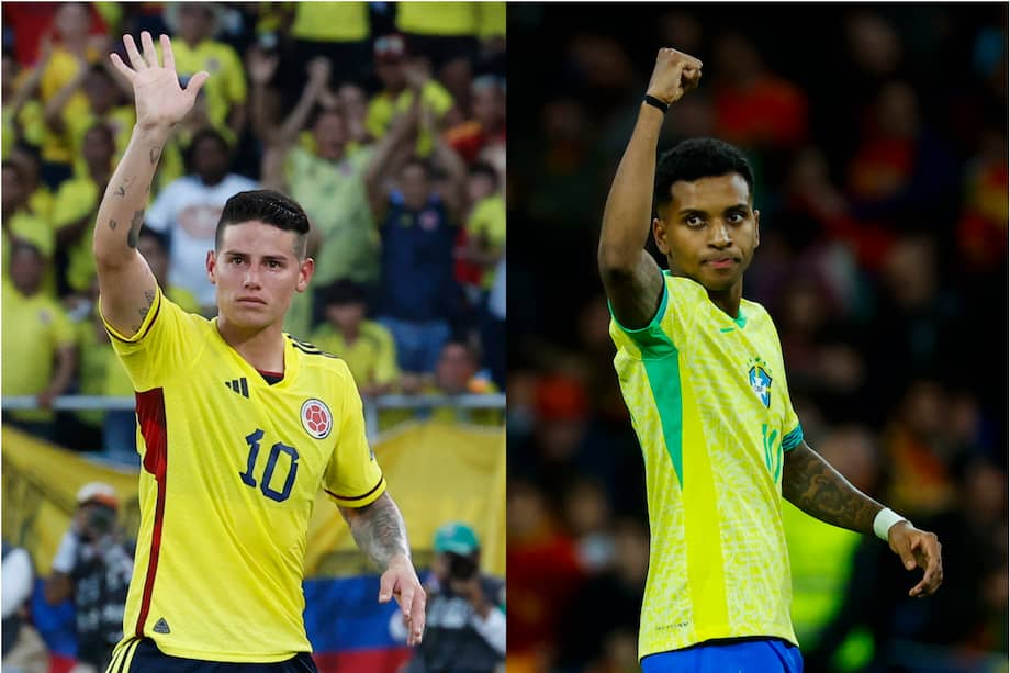 El colombiano James Rodríguez (izq.) y el brasileño Rodrygo se enfrentarán el martes en la última jornada del Grupo D de la Copa América.