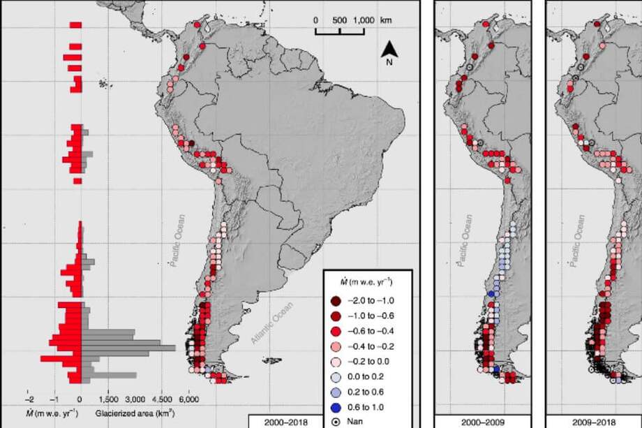 Tasas de equilibrio promedio de los glaciares de la cordillera de los Andes entre marzo de 2000 y abril de 2018. El color rojo oscuro representa las mayores pérdidas. / Dussaillant et al, Nature Geoscience.  